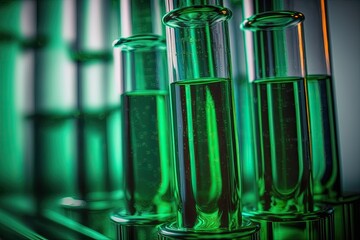 Glass test tubes with thick green liquid. Scientific theme, soap and detergent testing. Bio-diesel testing. Generative AI