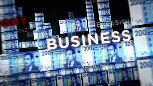Morocco Dirham money loop 3d animation. Camera flying between MAD banknotes. Finance, economy, crisis, business success, recession, debt and tax seamless looped concept.