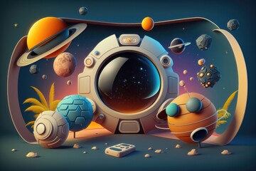 Space design with realistic 3d planets and space asteroids and comets, game virtual glasses and gamepad. AI generated