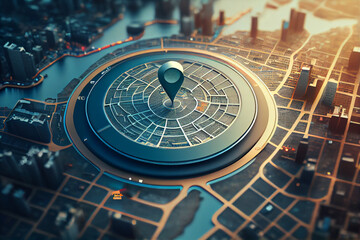 Map pin GPS navigation technology, and wireless technology in the city. Searching location on map pin above city scape, network connection technology