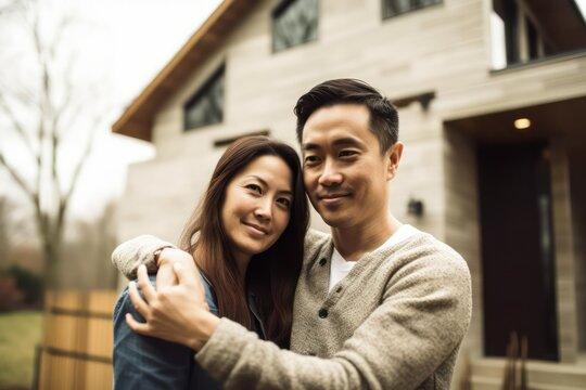 Asian Couple Smiling, Standing In Front Of Newly Purchased Modern Home, Proud, Security, Real Estate Success, Family Future, Generative Ai