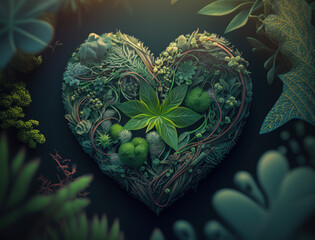 Green heart made by foliage that represents environmental protection created with Generative AI technology.