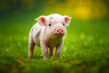 Fotobehang Small pig standing on top of lush green grass covered field next to forest. Generative AI. © valentyn640
