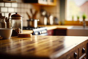 Fototapeta na wymiar Kitchen with wooden counter top and glass jar on the counter. Generative AI.