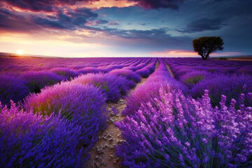Fototapeta na wymiar Field of lavender flowers with lone tree in the middle of it. Generative AI.