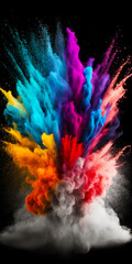 Obraz na płótnie Canvas Multicolored explosion of colored powder on black background with space for text. Generative AI.