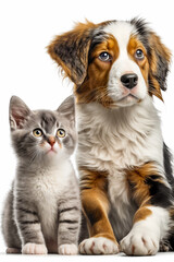 Dog and cat sitting next to each other in front of white background. Generative AI.