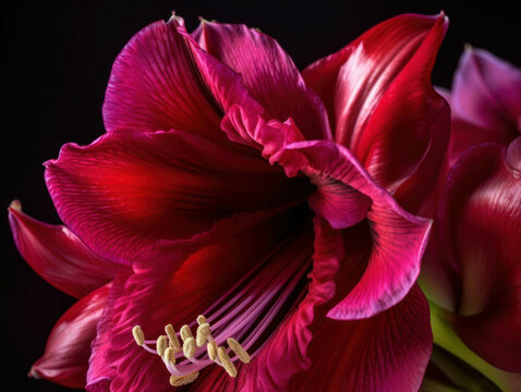 An intense close up of a stunning magenta amaryllis in full bloom and vibrant in colour. Trendy color of 2023 Viva Magenta.. AI generation.