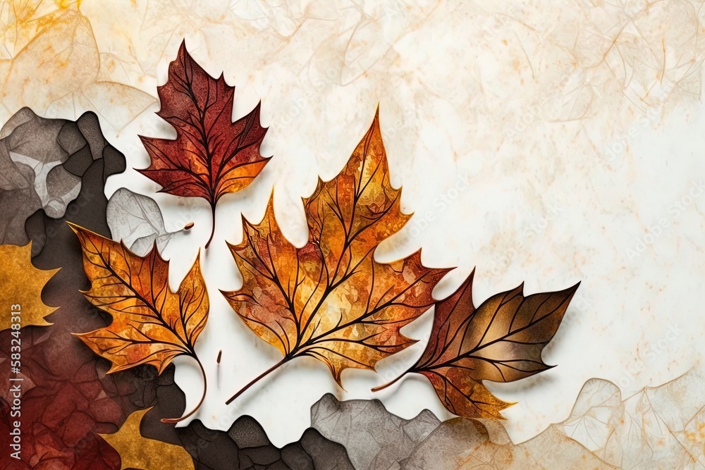 Wall mural autumn fallen maple leaves on white marble background with empty space for text.