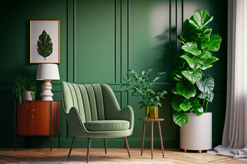 Living room with green walls, chair and potted plant. Generative AI.