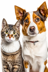 Cat and dog sitting next to each other on white background. Generative AI.