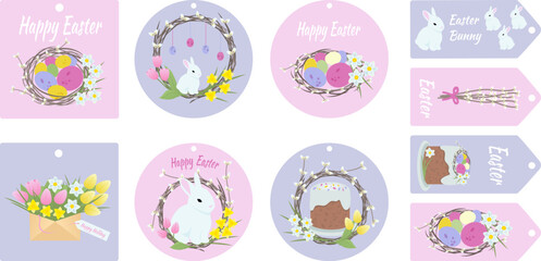 Happy Easter gift tags with cute Easter bunny, cake, eggs, willow wreath and flowers