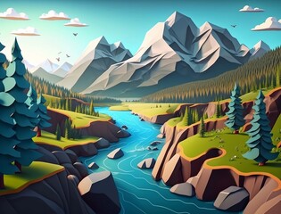 A river runs through a valley with mountains and trees, generative ai