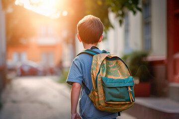 Little kid with a backpack at his first day of school. Back view.