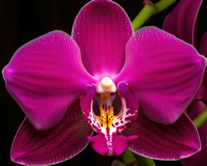 A lovely combination of a magenta orchid and its small stamens in the center. Trendy color of 2023 Viva Magenta.. AI generation.