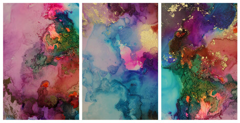 Art Abstract  Watercolor and Alcohol ink flow blot painting. Interior abstract triptych wall....