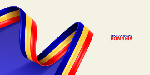 Romania ribbon flag. Bent waving ribbon in colors of the Romania national flag. National flag background.