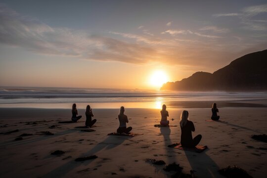 Yoga class on a relaxing beach at sunrise - generative ai