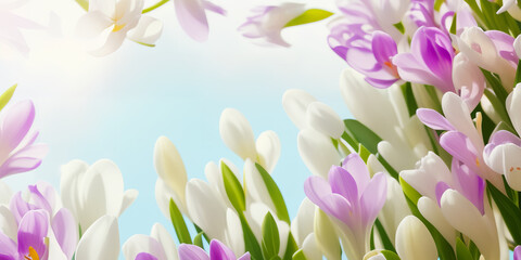 Spring flowers on blue sky banner, website header with copyspace. Colorful tulips for Mother's day, Women's Day, Birthday card, Easter, top down, flat lay. Generative AI.