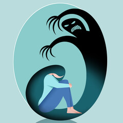 an illustration of depressed woman with depression monster 