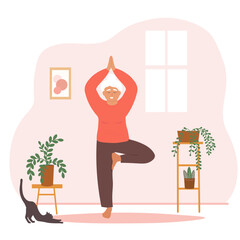An elderly woman does yoga, goes in for sports, monitors her health in a room with plants. Active old lady on the move. Vector graphics.