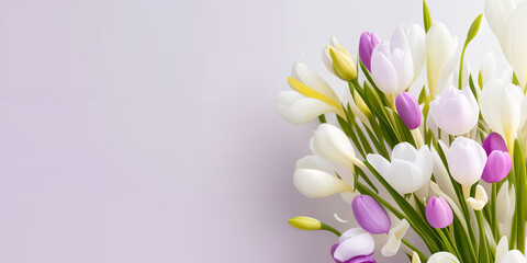 Spring flowers on pink background banner, website header with copyspace. Colorful flowers for Mother's day, Women's Day, Birthday card, Easter. Generative AI.