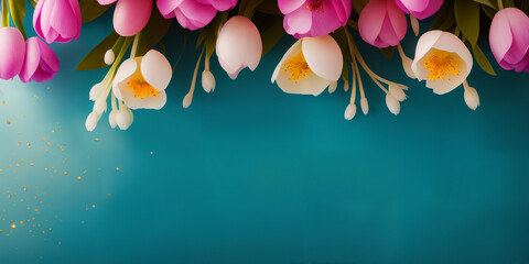 Spring flowers on green, blue background banner, website header with copyspace. Colorful flowers for Mother's day, Women's Day, Birthday card, Easter, top down, flat lay. Generative AI.