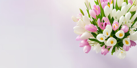Spring flowers on pink background banner, website header with copyspace. Colorful flowers for Mother's day, Women's Day, Birthday card, Easter. Generative AI.