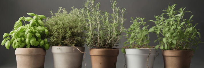 Fototapeta na wymiar Italian spices in a garden pot, various types of basil, thyme, oregano, rosemary, sage, bay leaves and parsley on a neutral background with copy space, generative ai illustration