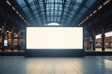Large blank billboard inside huge classic railway station, AI generative image - obrazy, fototapety, plakaty
