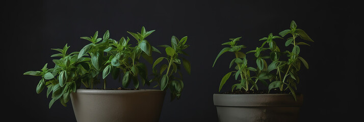 Banner,  Italian spices in a garden pot, various types of basil, thyme, oregano, rosemary, sage, bay leaves and parsley on a neutral background with copy space, generative ai illustration