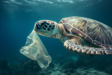 green sea turtle eat plastic bag, plastic pollution, underwater, concept of pollution in the sea. Generative AI