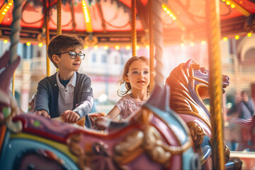 Happy boy and girl riding horses in an amusement park ride a carousel in summer, vintage classic horses. Generative AI