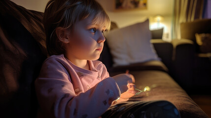 Kind schaut abends auf dem Sofa TV, Generative AI