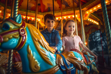 Fototapeta na wymiar Happy boy and girl riding horses in an amusement park ride a carousel in summer, vintage classic horses. Generative AI