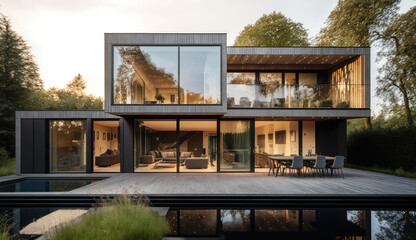Wood, metal and glass. Ultra-modern minimalistic style home design. Generative AI