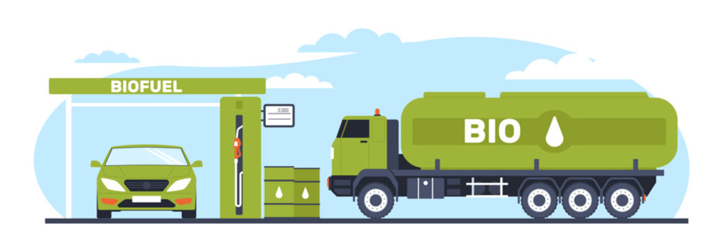 Concept of biofuel as renewable energy source, biofueling, biofuel car. Alternatve green diesel, truck and gas station, environmental care. Eco bio petroleum vector cartoon flat concept