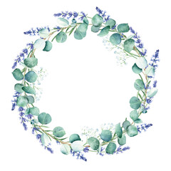Watercolor eucalyptus and lavender branches wreath, round frame isolated on white background. Hand drawn botanical illustration. For wedding invitations, save the date, greeting card, logos, prints.