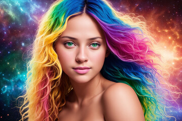 a beautiful woman with multi-colored hair looks at the camera against the backdrop of a colorful cosmic sky with stars and planets, Generative AI