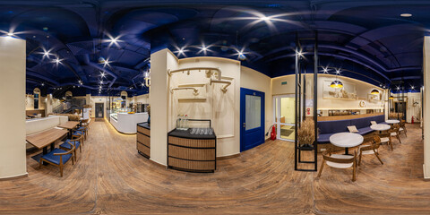 Spherical seamless hdr 360 panorama in interior of banquet hall with appliances in luxury restaurant with intimate lighting in equirectangular projection. Generative Ai