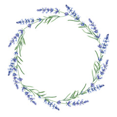 Watercolor lavender branches wreath, round frame isolated on white background. Hand drawn botanical illustration. For wedding invitations, save the date, greeting card, logos, prints.