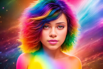 Fototapeta premium a beautiful woman with multi-colored hair looks at the camera against the backdrop of a colorful cosmic sky with stars and planets, Generative AI