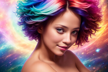 Obraz na płótnie Canvas a beautiful woman with multi-colored hair looks at the camera against the backdrop of a colorful cosmic sky with stars and planets, Generative AI