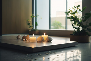 modern zen room with candles and rocks on marble floor, Generative AI - obrazy, fototapety, plakaty