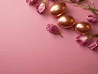 Golden Easter Eggs and Elegant Pink Flowers on a pink background. Copyspace. Generative AI art