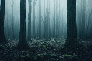 Fototapeta premium Gloomy, spooky, foggy dark forest landscape. Surreal mysterious horror forest background. Generative AI