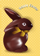 Chocolate bunny on yellow background with polka dots. Easter design template

