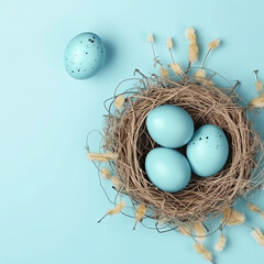 Naklejka na ściany i meble Easter Egg Background Banner: Light Blue Nest of Surprises for Easter Day Celebrations Created Using Generative Ai