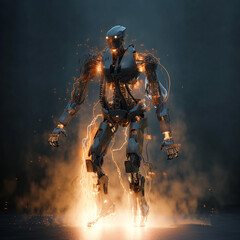 Fototapeta premium Humanoid cybernetic robot with metal mechanisms and muscles, details of electrical boards and microcircuits. Created with Generative AI technology.