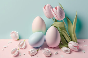 Obraz na płótnie Canvas Colorful Easter eggs with spring flowers on pastel background. Greeting card, banner design. Generated AI